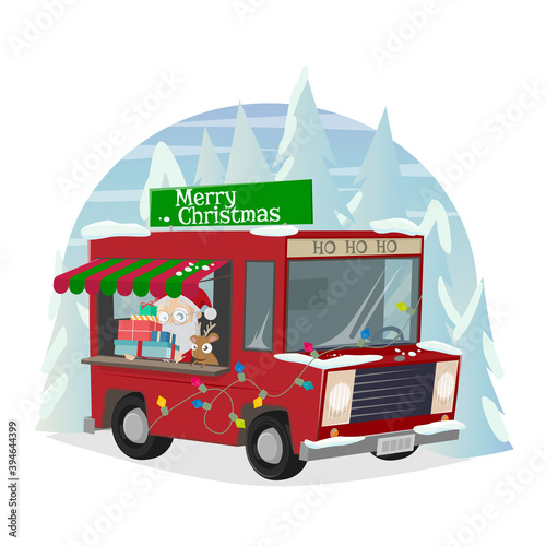 funny cartoon christmas illustration of santa claus with delivery truck
