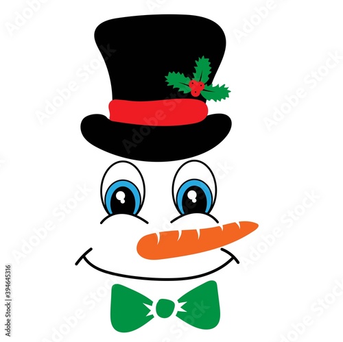 Snowman face icon. Funny snowman in black hat big eyes, carrot nose