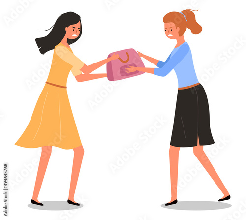 The girls in the store are fighting over the bag. Woman in a store with clothes is sharing a purchase. Angry female characters are standing with a pouch in their hands. Buyers during the sale