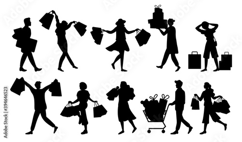 Silhouettes of customers while shopping. Group of shoppers with purchases in their hand. Men and women are buying gifts. Girls are choosing clothes. People with presents preparing for the holiday