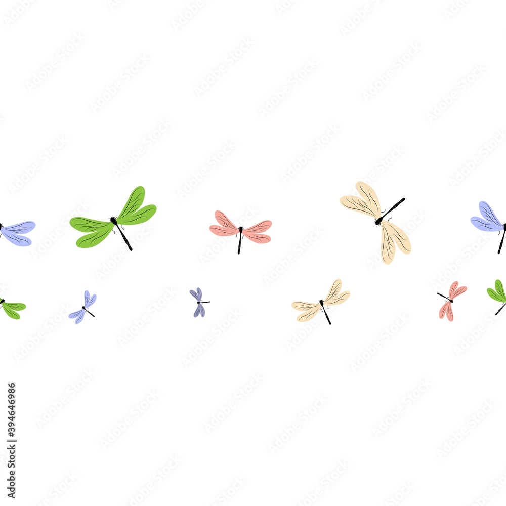 Seamless vector pattern. Multi-colored dragonfly. Isolated on a white background. Vector graphics.