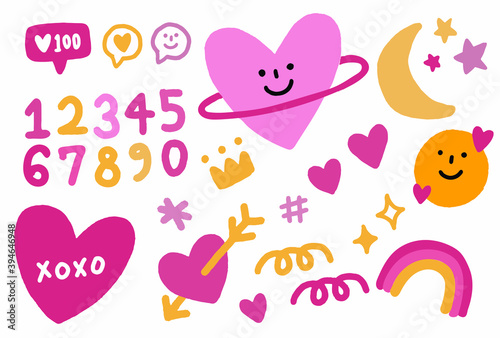 Vector hand drawn elements, pink, smiley  faces, heart, wave.