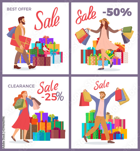 Set of illustrations on the theme of the holiday sale and discounts. People buy gifts for the holiday. The group rejoicing with packages with purchases in their hands. Big boxes on the background
