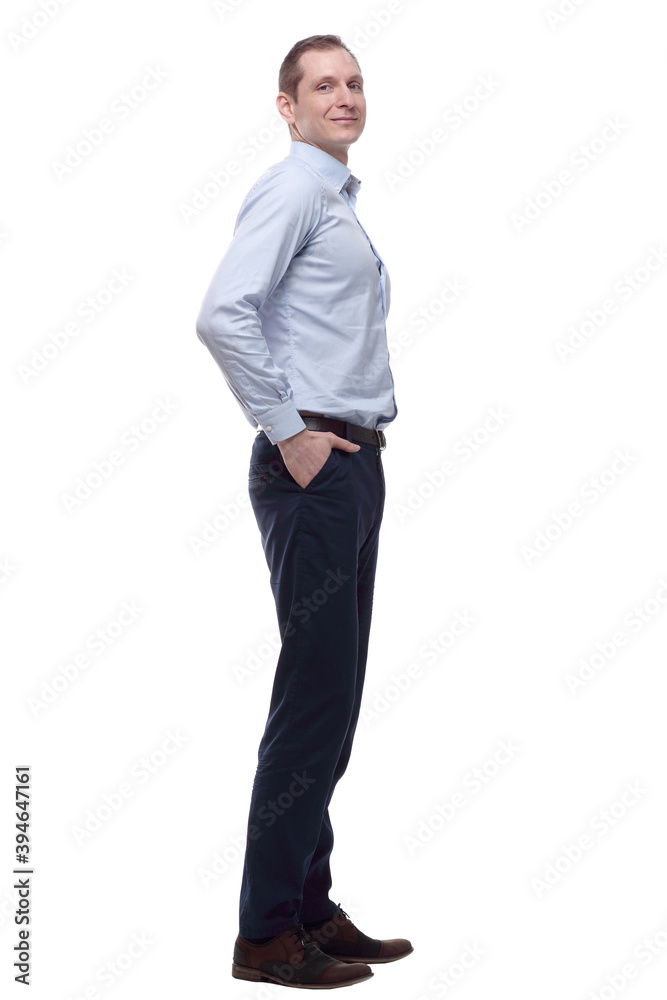 casual business man looking at a white screen. isolated on a white casual business man looking at a white screen. isolated on a white
