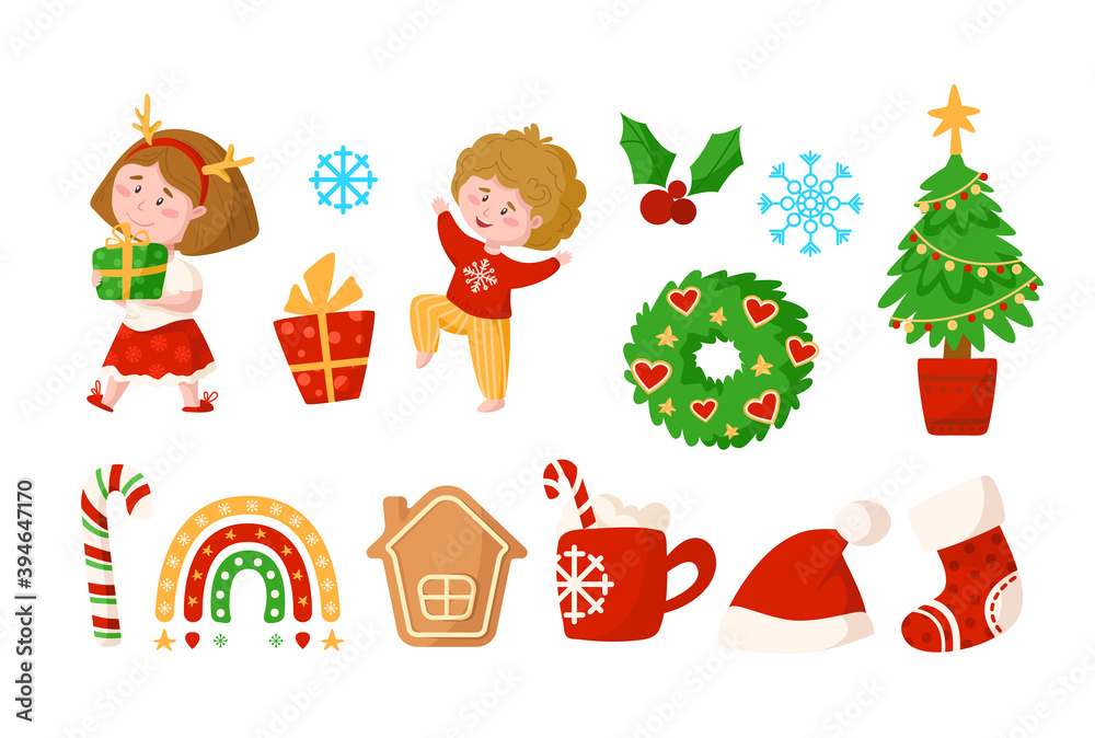 Christmas New Year kids clipart - cartoon boy and girl, Christmas wreath and Tree, rainbow, gingerbread house, gift box, holly, candy cane, santa hat, stoking, hot drink mug - vector isolated images Christmas New Year kids clipart - cartoon boy and girl, Christmas wreath and Tree, rainbow, gingerbread house, gift box, holly, candy cane, santa hat, stoking, hot drink mug - vector isolated images
