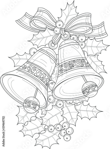 Realistic decorative bells with Christmas berry and leafs sketch template. Cartoon winter vector illustration in black and white for games, background, pattern, decor. Coloring paper, page, story book