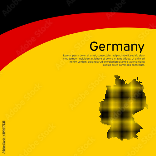 Abstract waving germany flag and mosaic map. Creative background for germany patriotic holiday card design. National poster. State German patriotic cover, flyer. Vector tricolor design