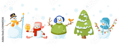 Snowman cartoon Christmas party - holiday cute snowmen, Christmas tree, snowflakes isolated on white background, winter character with scarf, hat, mittens, and festive decorations - vector