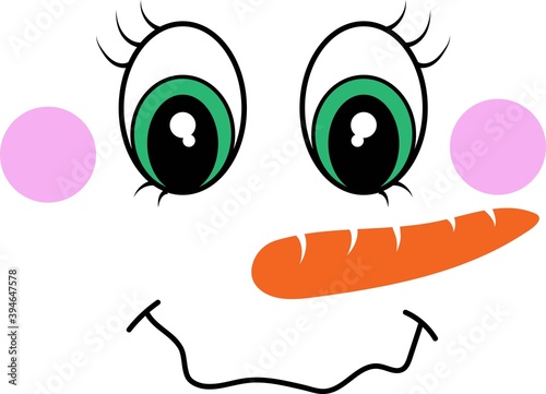 Snowman girl face icon. Cute snowman girl big eyes, carrot nose