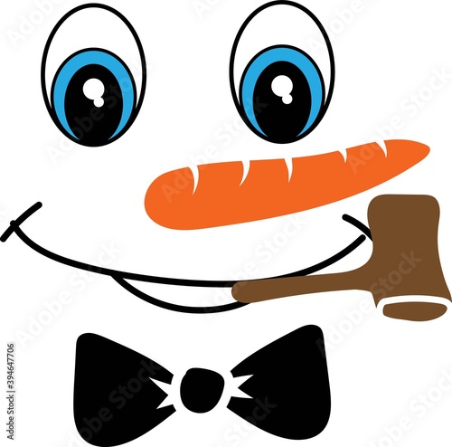 Snowman face icon. Funny snowman big eyes, carrot nose