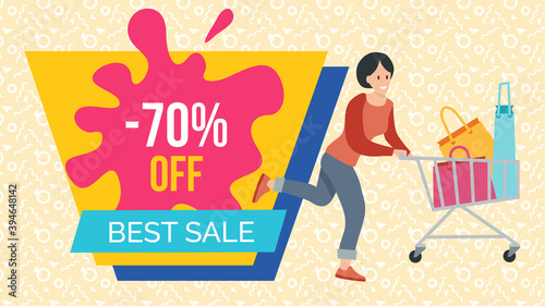 Woman with bags for purchases in the shopping cart. Promotion of sales and discounts in the shop. A girl with packages in her hands is rushing to the store for shopping. Sale advertising on background