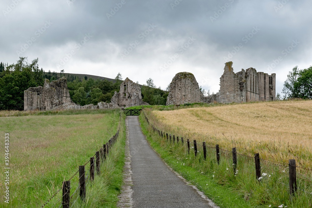 The path to the ruins of Kildrummy Castle in Aberdeenshire, Scotland
