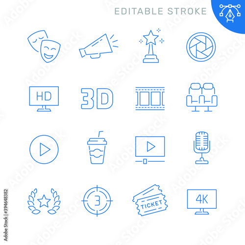  Cinema related icons. Editable stroke. Thin vector icon set