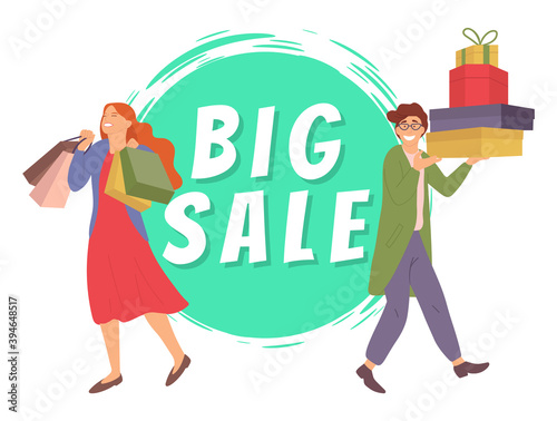 Big sale announcement. Girl with shopping bags is smiling happily. Male character in store is holding box with present. Couple buys gifts for the holiday. People rejoice with purchases in their hands