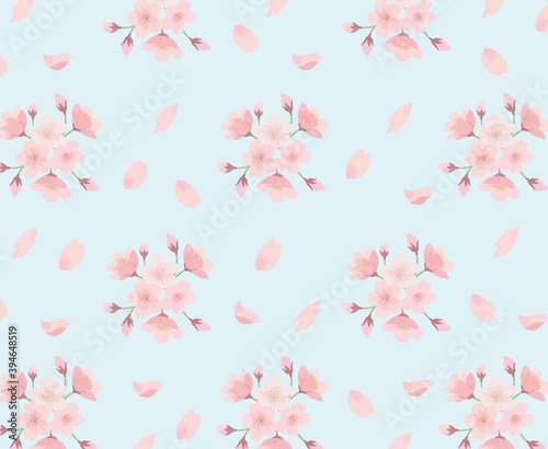 桜　パターン　青背景　水彩　手描き
