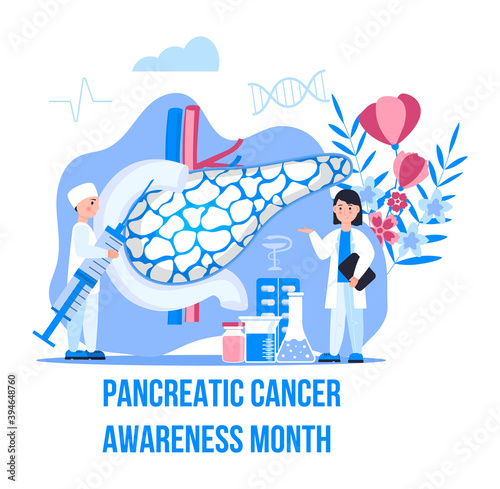 Pancreatic Cancer Awareness Month is organised on November in USA. Pancreas doctors examine.