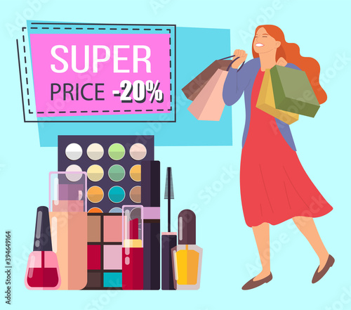 Super price announcement. Twenty percent discount. Woman with shopping bags is smiling happily. Young beautiful happy girl picks up multi-colored packages. Large set of cosmetics on the floor