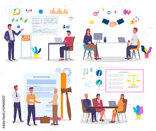Set of images office workers, workflow. Managers, lawyers, litigation, marketers, teamwork. Planning, contracting, make deal, financial consulting Infographic icons Flat image for landing pages
