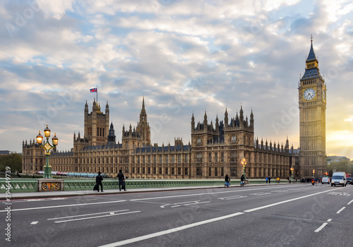 Houses of Parliament with Big Ben tower from Westminster bridge, London, UK photo