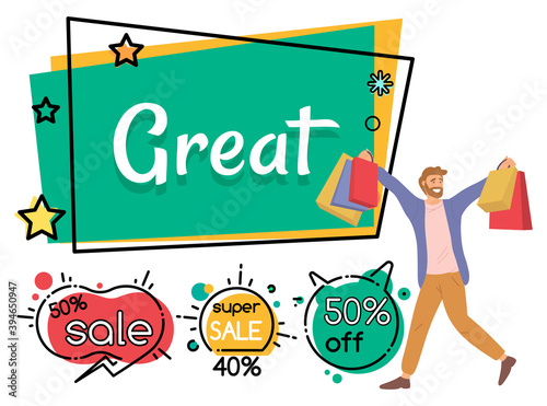 Announcement of discounts in the store. Sale advertisement concept. Man with shopping bags in his hands is smiling happily. Young handsome fashion shopper guy picks up multi-colored packages
