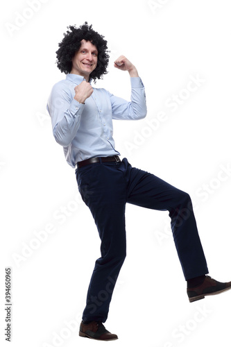 happy curly-haired man . isolated on a white