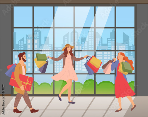 Group of people with shopping bags in their hands on the background of a large panoramic window. Women are picking up shopping bags. Customers are buying gifts and spending time in apartments