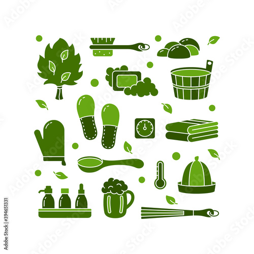 Green square poster for bath theme, sauna or Russian banya. Outline template for label, bag print, banner. Cutout silhouette illustration of spa accessory and tools. Color isolated vector icons set