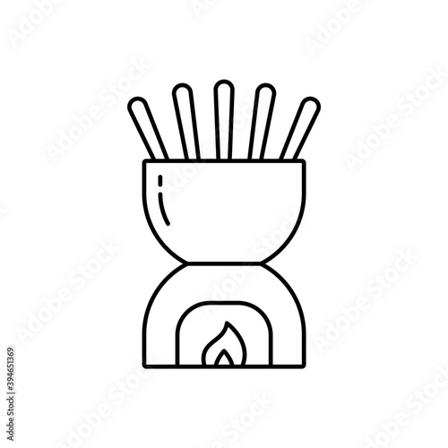 Fondue bowl. Linear icon of ceramic pot with forks. Black simple illustration of special heated cookware for cooking cheese or chocolate sauce. Contour isolated vector pictogram on white background