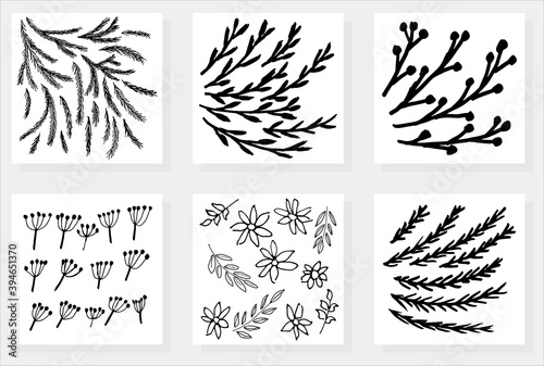 Set of six floral grunge black and white textures. Simple vector patterns of twigs and leaves of plants, stems of fir trees, flowers, blossom umbel grass