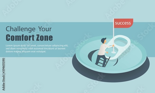 man leaving from comfort zone,
challenges fear,Self improvement, aspiration find goal and opportunities,Vector illustration.