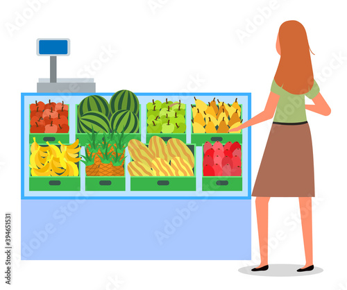 Girl next to the food counter. Supermarket sales concept. Shopping in the grocery store. Woman in the store is buying fresh food. Female character shopping with a choice between fruit and vegetables