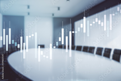 Double exposure of abstract creative financial chart hologram on a modern meeting room background, research and strategy concept