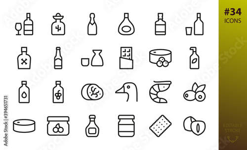 Alcohol and Gastronomy food icon set. Set of alcohol drinks, wine, whiskey, cognac, foie gras, caviar, shrimps, truffle, olive oil, preservation food, pate, jam, hazelnuts, sauce bottle vector icons