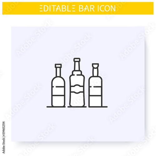 Alcohol bottles line icon. Party drinks. Restaurant, bar menu. Wine, whiskey, tequila or vodka bottles. Cocktail party and drinking establishment concept. Isolated vector illustration.Editable stroke 