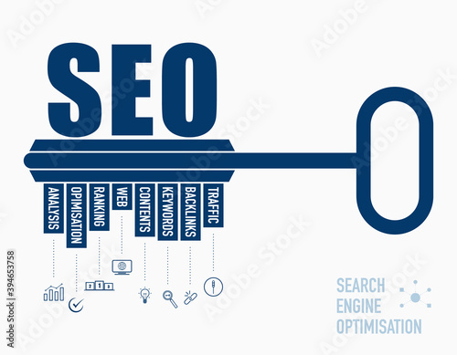 SEO search engine optimisation concept with pictogram keywords and icons