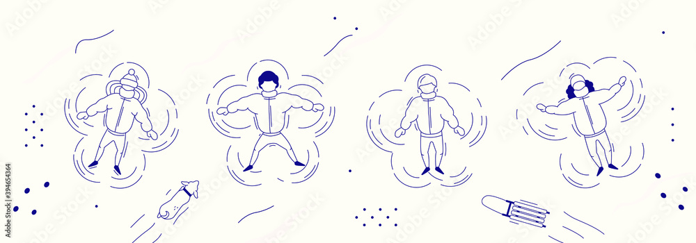 winter vector illustration. Relax on the weekend with friends. four friends lie in a snowdrift and make a snow angel.