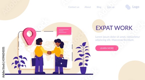 Expat work concept. Human resources agency for migrants. Effective migrant workers, expatriate programme, outside country employment. Modern flat illustration.