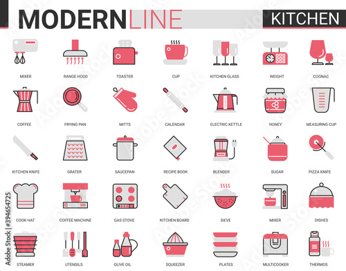 Kitchen flat line icon vector illustration set. Red black thin linear kitchenware utensil, glass dishware, equipment tools for cooking food and household appliances mobile app symbols collection