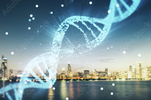DNA hologram on Chicago office buildings background, biotechnology and genetic concept. Multiexposure