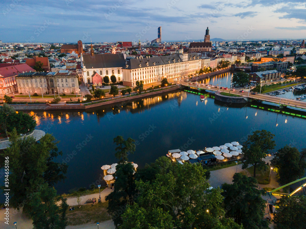 Aerial view of Wroclaw located by Odra river, Poland