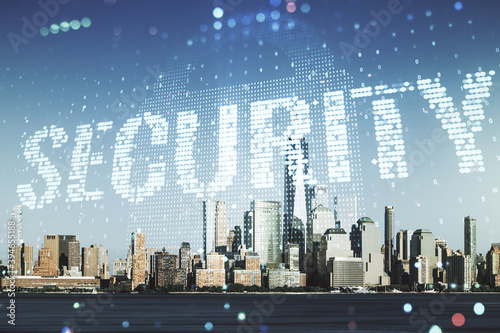 Virtual cyber security creative concept on New York city office buildings background. Double exposure