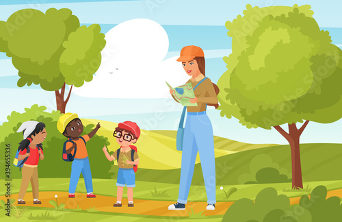 Children tourists walk and hike vector illustration. Cartoon woman hiker character holding map, active kids and teacher hiking in summer nature, outdoor trekking activity, happy childhood background