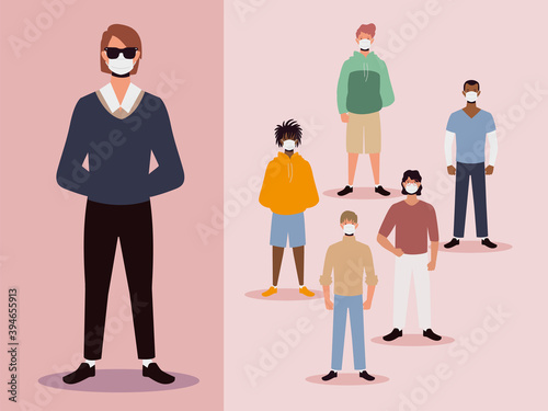 group of men wearing medical mask as protection against infectious diseases covid 19