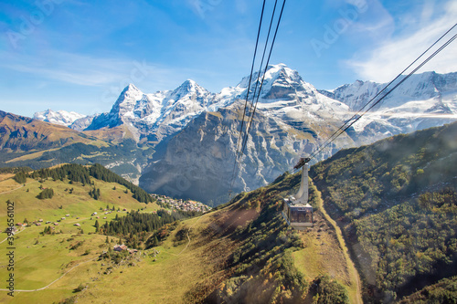 Mountains landscape with gondola from Murren to Schilthorn, Switzerland.