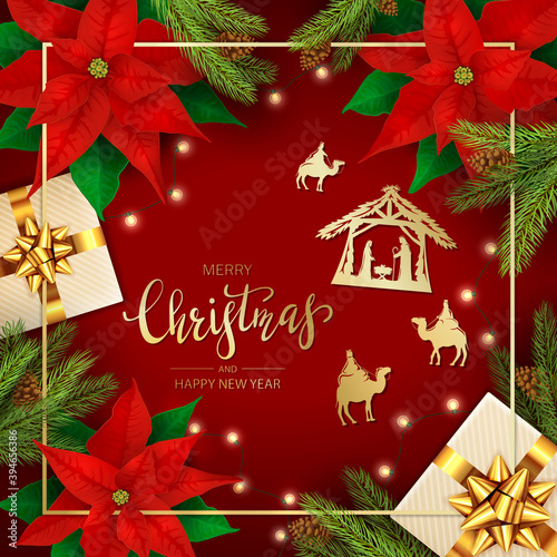 Holiday Decorations with Christmas Elements on Red Background