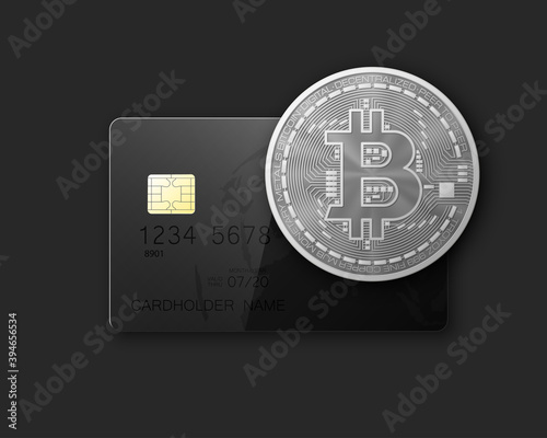 Credit card HUD Golden bitcoin. Digital currency money. Technology credit card bitcoin mining worldwide. Web banner golden bitcoin plastic card. Physical bit coin. Cryptocurrency electronic coin money