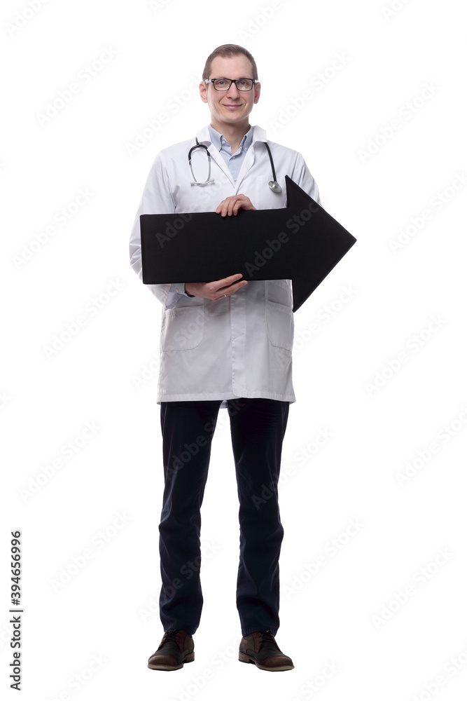 qualified doctor pointing the right direction . isolated on a white qualified doctor pointing the right direction . isolated on a white