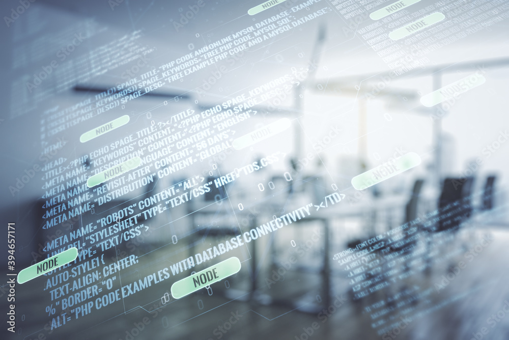 Double exposure of abstract programming language interface on modern corporate office background, research and development concept Double exposure of abstract programming language interface on modern corporate office background, research and development concept