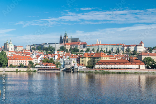 View of hill and Vltava river in old town of Prague, Czech Republic.