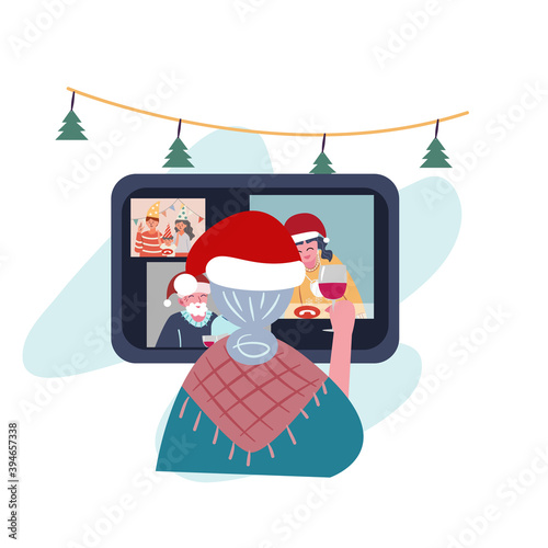 Elderly woman using computer connect online with friends and family on Christmas and New year celebration. Cartoon flat vector illustration. Party online, video call, family gathering concept.